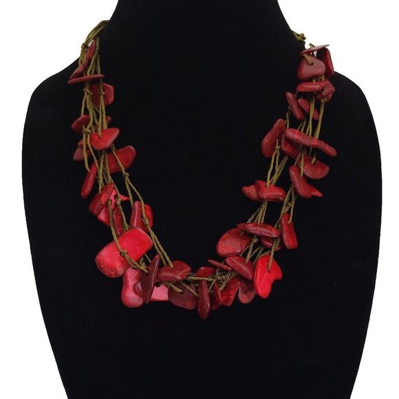 VTG Necklace Chunky Red Coral Natural Fringe Twine Cord Boho Statement Artisian - Picture 1 of 7
